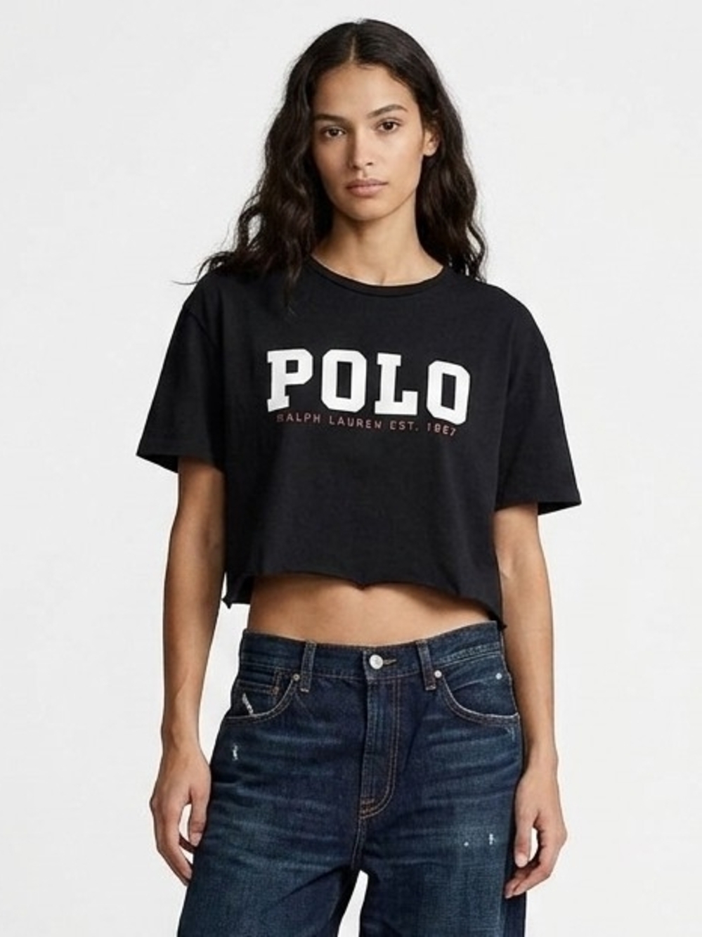 Vintage Polo by Ralph Lauren Cropped Raw Edge Graphic Logo Tee In Black - M